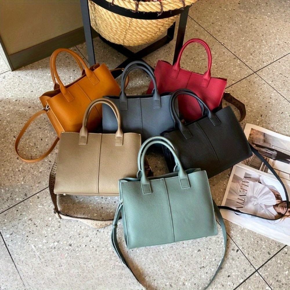 Women's Genuine Leather Handbag - Large Capacity Convertible Crossbody/Handbag with Detachable Strap, Golden-Tone Hardware & Secure Zipper Closure, Multi-Color Options (Black, Yellow, Red, Grey, Beige, Olive Green) - Durable Everyday Work & Travel Bag, Minimalist Design, Lined Interior, Spot Clean Only, Made in Guangzhou