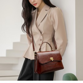 [Genuine Leather Messenger Bag] Genuine Leather Women's Messenger Bag - Classic Professional Purse with Golden-Tone Hardware, Secure Clasp Closure, Black/Coffee Brown, Elegant Handbag, Work Accessory, Vintageinspired Design, Sturdy Handles, Crossbody Purse, Stylish Travelers