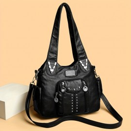 Vintage Faux Leather Crossbody Bag with Removable Strap and Zipper Closure, Solid Color Messenger Bag, Polyester Lined Handbag for Everyday Travel - Baigou Crafted