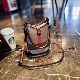 New Genuine Leather Crossbody Bag - Plaid Checkered Design, Detachable Strap & Snap Closure, Large Phone Compartment, Casual Chic Style in Caramel & Black for Everyday Use