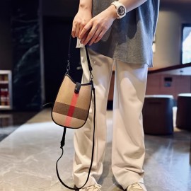 New Genuine Leather Crossbody Bag - Plaid Checkered Design, Detachable Strap & Snap Closure, Large Phone Compartment, Casual Chic Style in Caramel & Black for Everyday Use