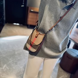 New Genuine Leather Crossbody Bag - Plaid Checkered Design, Detachable Strap & Snap Closure, Large Phone Compartment, Casual Chic Style in Caramel & Black for Everyday Use