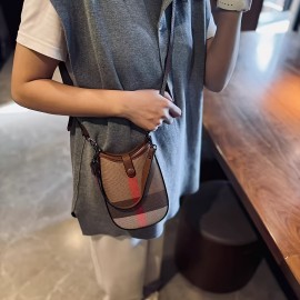 New Genuine Leather Crossbody Bag - Plaid Checkered Design, Detachable Strap & Snap Closure, Large Phone Compartment, Casual Chic Style in Caramel & Black for Everyday Use