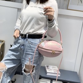 Fashion Football Shaped Handbag, Sports Theme Crossbody Bag with Adjustable Strap, Lightweight Zippered Tote with Polyester Lining, Positioning Print, Edge Paint Detail - Available in Black, White, Light Brown, Earthy Yellow