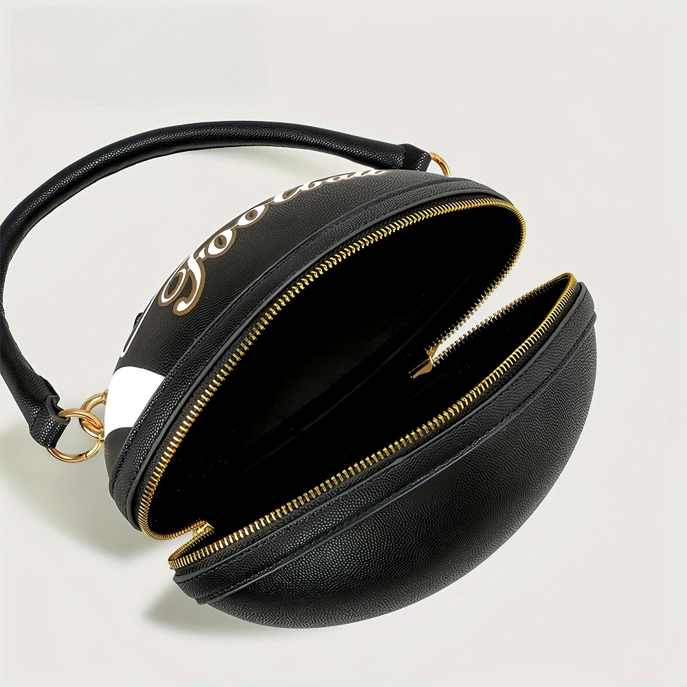 Fashion Football Shaped Handbag, Sports Theme Crossbody Bag with Adjustable Strap, Lightweight Zippered Tote with Polyester Lining, Positioning Print, Edge Paint Detail - Available in Black, White, Light Brown, Earthy Yellow