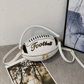 Fashion Football Shaped Handbag, Sports Theme Crossbody Bag with Adjustable Strap, Lightweight Zippered Tote with Polyester Lining, Positioning Print, Edge Paint Detail - Available in Black, White, Light Brown, Earthy Yellow